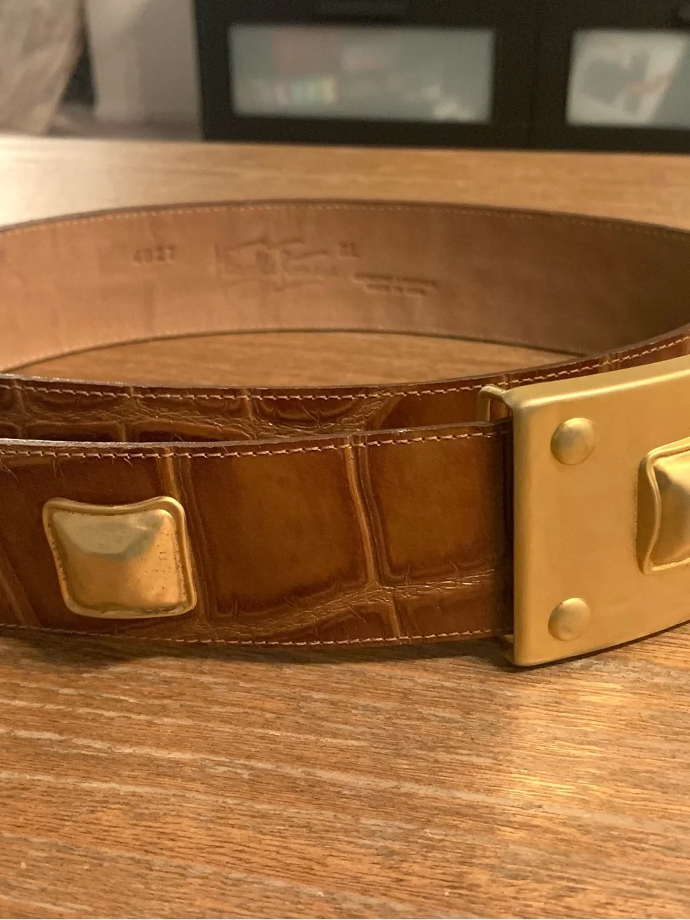 Vintage Marcella Romaya Embossed Crocodile Leather Belt Brown Gold Western